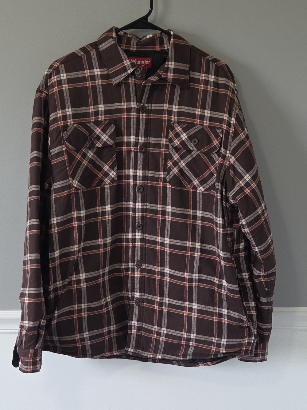 Wrangler Brown Orange Plaid Quilted Lined Shacket Jacket Button-up Pockets L